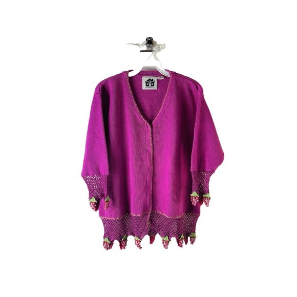 Vintage Y2K Crochet Knit Beaded Fruit Grapes Cardigan Sweater Streetwea - Picture 1 of 6